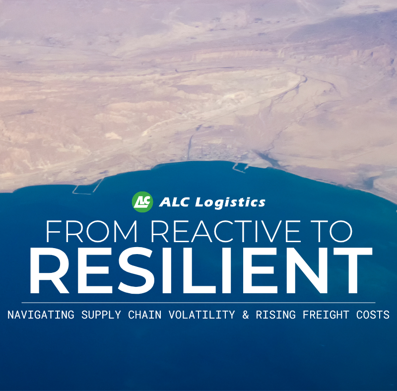 Aerial view of the Iranian coastline near the Strait of Hormuz with ALC Logistics text about navigating supply chain volatility and rising freight costs.