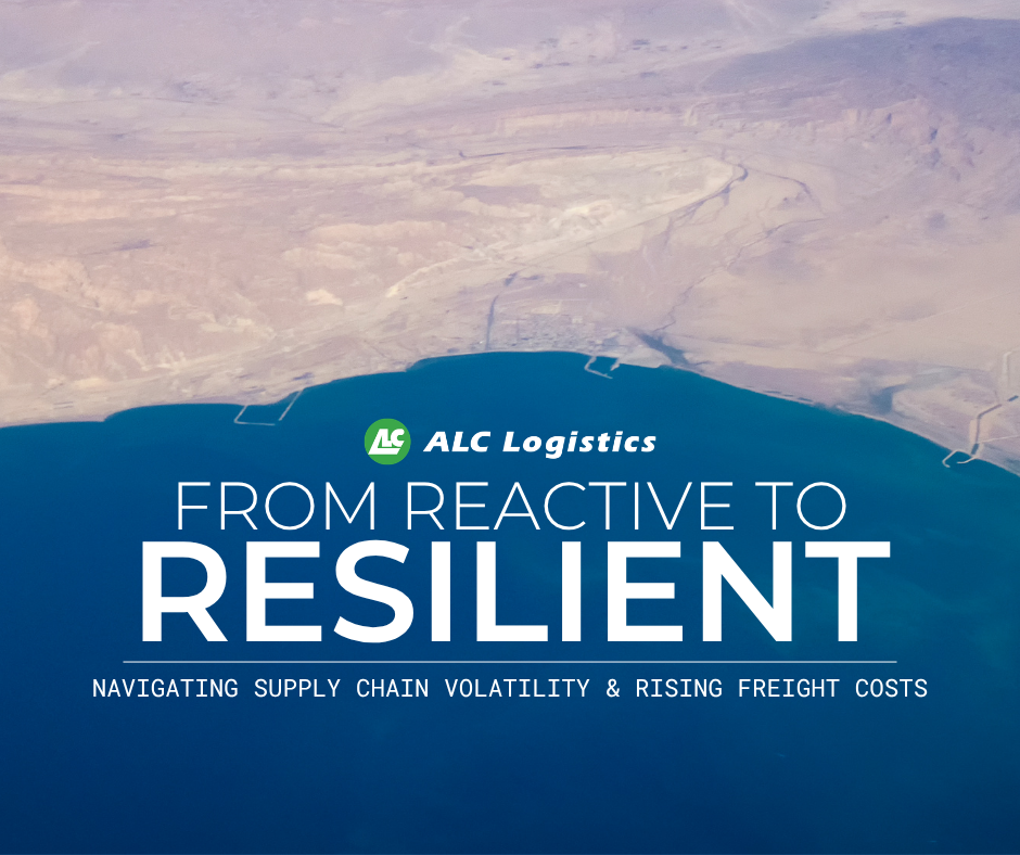 Aerial view of the Iranian coastline near the Strait of Hormuz with ALC Logistics text about navigating supply chain volatility and rising freight costs.