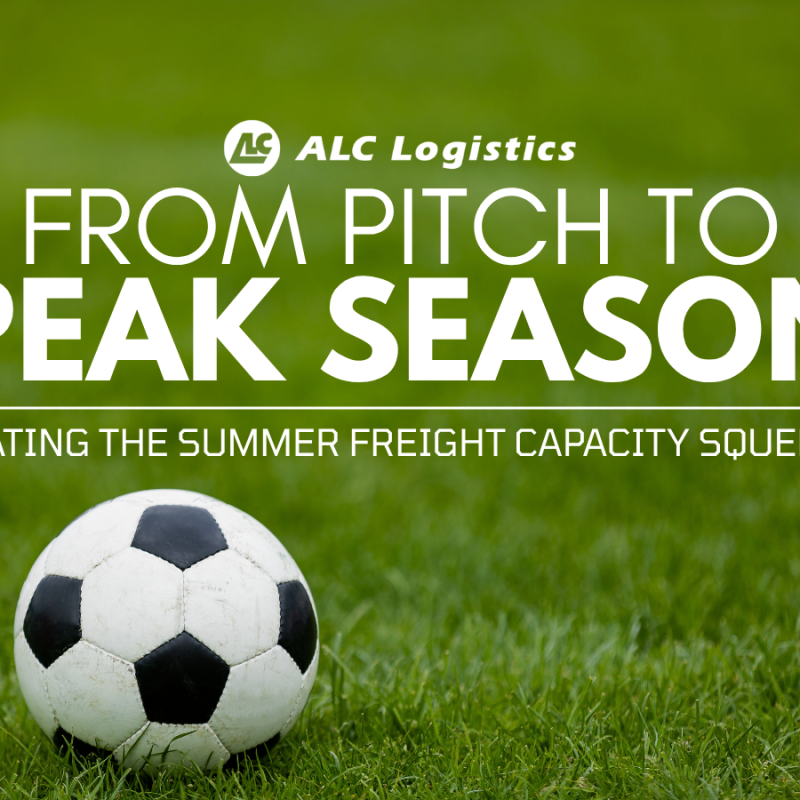 ALC Logistics graphic on a soccer pitch with text reading From Pitch to Peak Season: Beating the Summer Freight Capacity Squeeze.